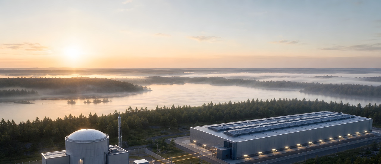 Conceptual illustration of a small modular reactor beside a data center at sunrise