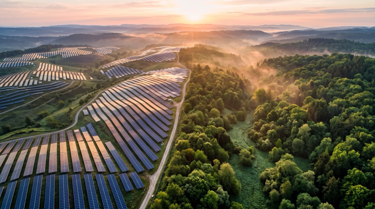 Conceptual illustration of a solar farm at sunrise beside a forest