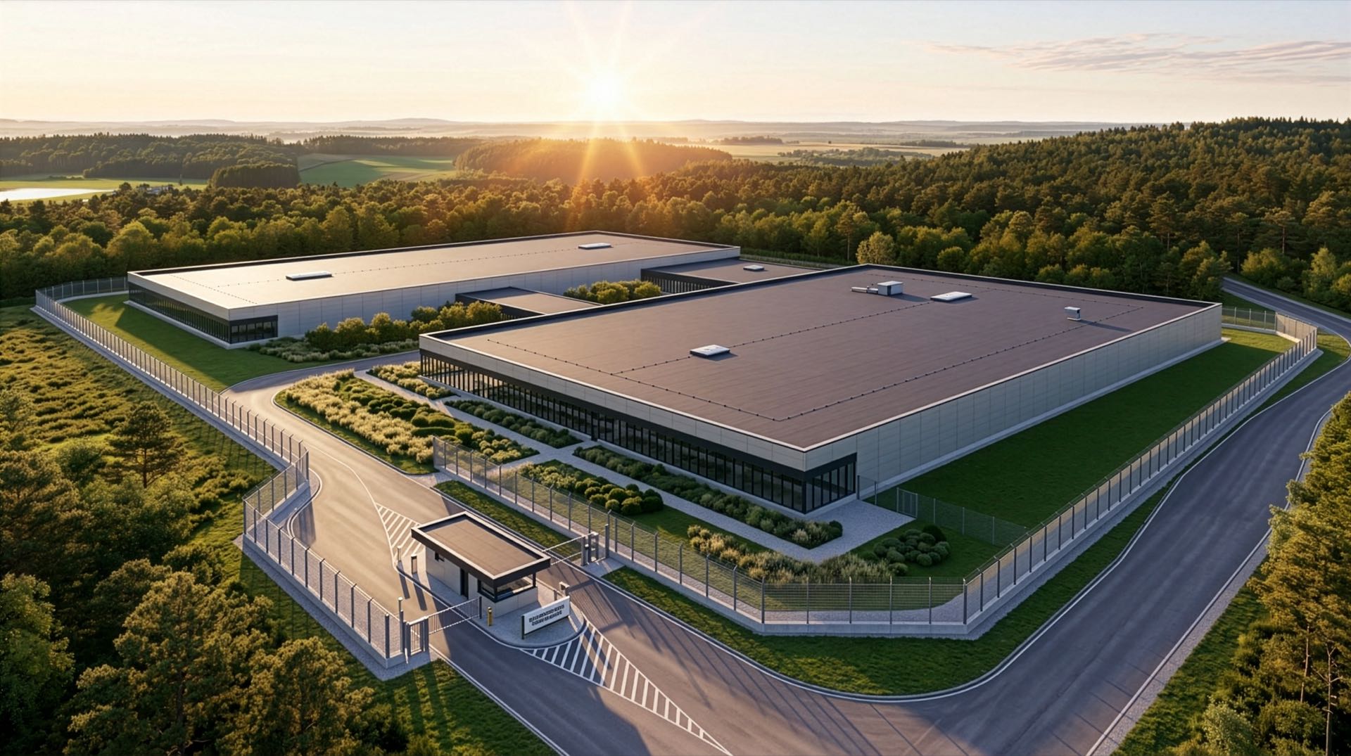 Conceptual illustration of a data center campus surrounded by trees