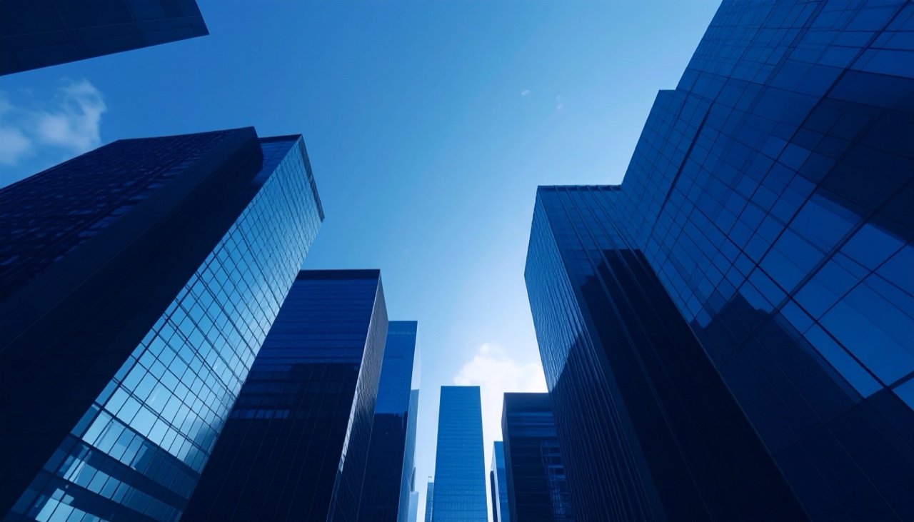 Conceptual illustration of glass office towers seen from below