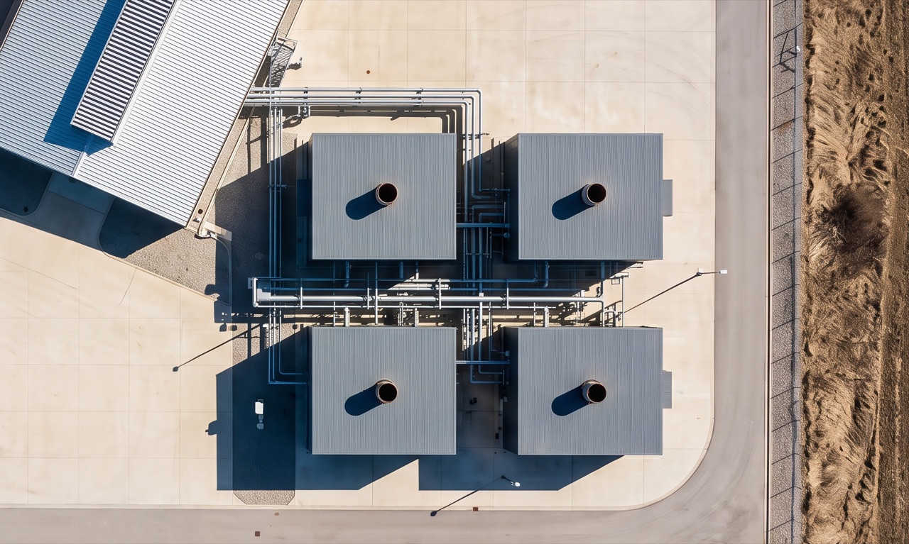 Conceptual illustration of gas turbine generation units beside data center halls, seen from above